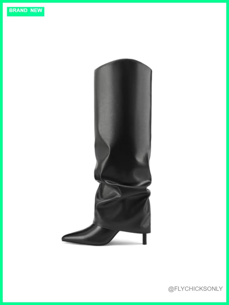 Faux Leather Pointed Toe Stiletto Heel Trench Fold Over Knee High Boots With
